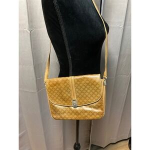 Celine Vintage Macadam Monogram Canvas Leather Trim Crossbody Bag Tan